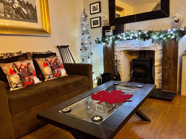 Lounge with wood-burning fireplace